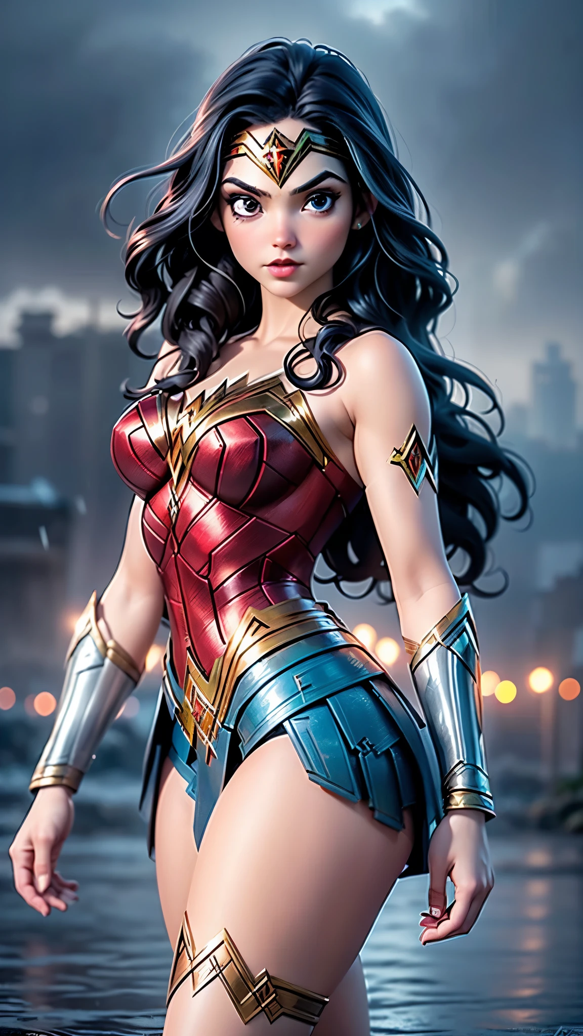 (La mejor calidad,The high resolution,Ultra - detallado,actual),Ariana Grande es la wonder woman white ,,(Fondo de ruinas de mazmorra en ruinas:1.4 ), (fondo nublado lluvia ciudad noche futurista ciberpunk :1.4), (mujer maravilla v2.1), More detailed 8K.motor irreal:1.4,High Definition,La mejor calidad:1.4, fotorrealista:1.4, textura de la piel:1.4, obra maestra:1.8,obra maestra, mejor calidad,objeto Objeto], (rasgos faciales detallados:1.3),(Las proporciones correctas),(Ojos hermosos azules:1.4 ),  (pose vaquero), (mujer maravilla ciberpunk blanca :1.4), (dedos detailed), (fondo invasion alienigena naves :1.4), (solo), (minifalda plastico transparente ), (cayendo lluvia noche :1.4),(pose de combate), (nube estelar:1.4), ,( ciberpunk 2.1),( estilo kawaii :1.4),( colores brillantes), (Traje white wonder woman :1.4 ),( face detailed:1.4) 