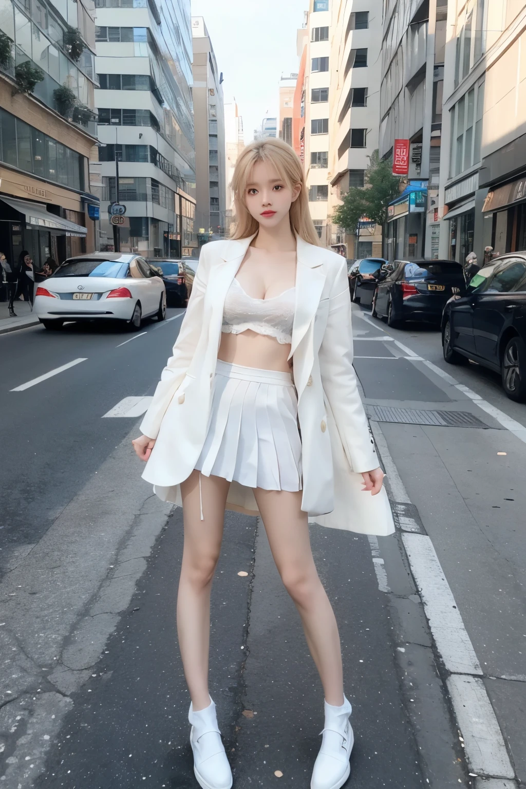 Beautiful woman with perfect body:1.4,Layered Hairstyle,Prominent cleavage,Highly detailed face and skin textures,Double eyelids,Skin Whitening,Long hair,Whitened long legs,blond,(White coat,Pleated Skirt,Black pantyhose)Stand on the street