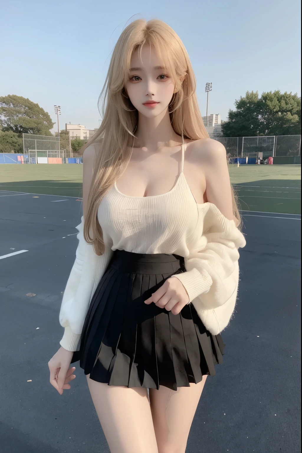 Beautiful woman with perfect body:1.4,Layered Hairstyle,Prominent cleavage,Highly detailed face and skin textures,Double eyelids,Skin Whitening,Long hair,Whitened long legs,blond,(Black coat,Pleated Skirt,Black pantyhose)Standing on the sports field