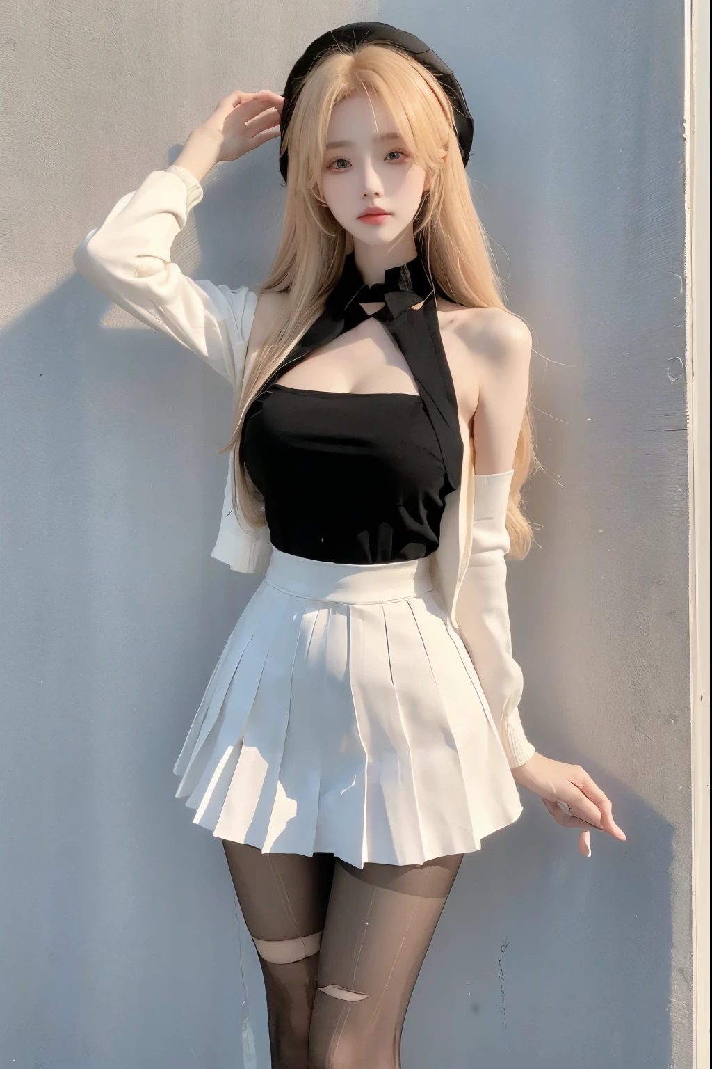 Beautiful woman with perfect body:1.4,Layered Hairstyle,Prominent cleavage,Highly detailed face and skin textures,Double eyelids,Skin Whitening,Long hair,Whitened long legs,blond,(Black coat,Pleated Skirt,Black pantyhose)Standing on the sports field