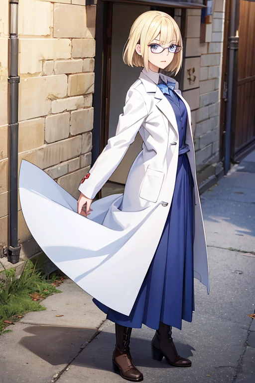 Anime Art、Full body portrait、Dungeons＆Teacher of Dragons、A woman around 49 years old, about 170cm tall, wearing a white coat and a long skirt, looking back、Short medium blonde hair、Angry face with narrow eyes raised、Blue Eyes、Glasses、boots、Flat chest