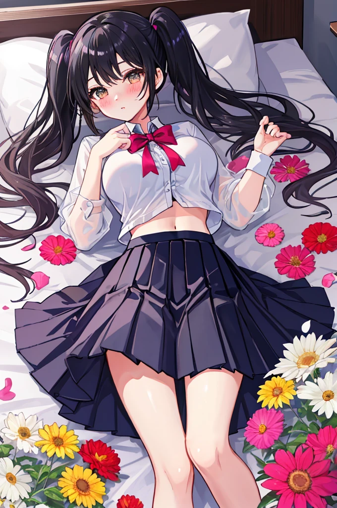 A girl,twintails,Long hair,Black Hair,((transparent)),Open the shirt,Towering breasts,Slim waist,Showing belly,Pleated Skirt,Smooth legs,blush,Lying in bed,Colorful flowers,