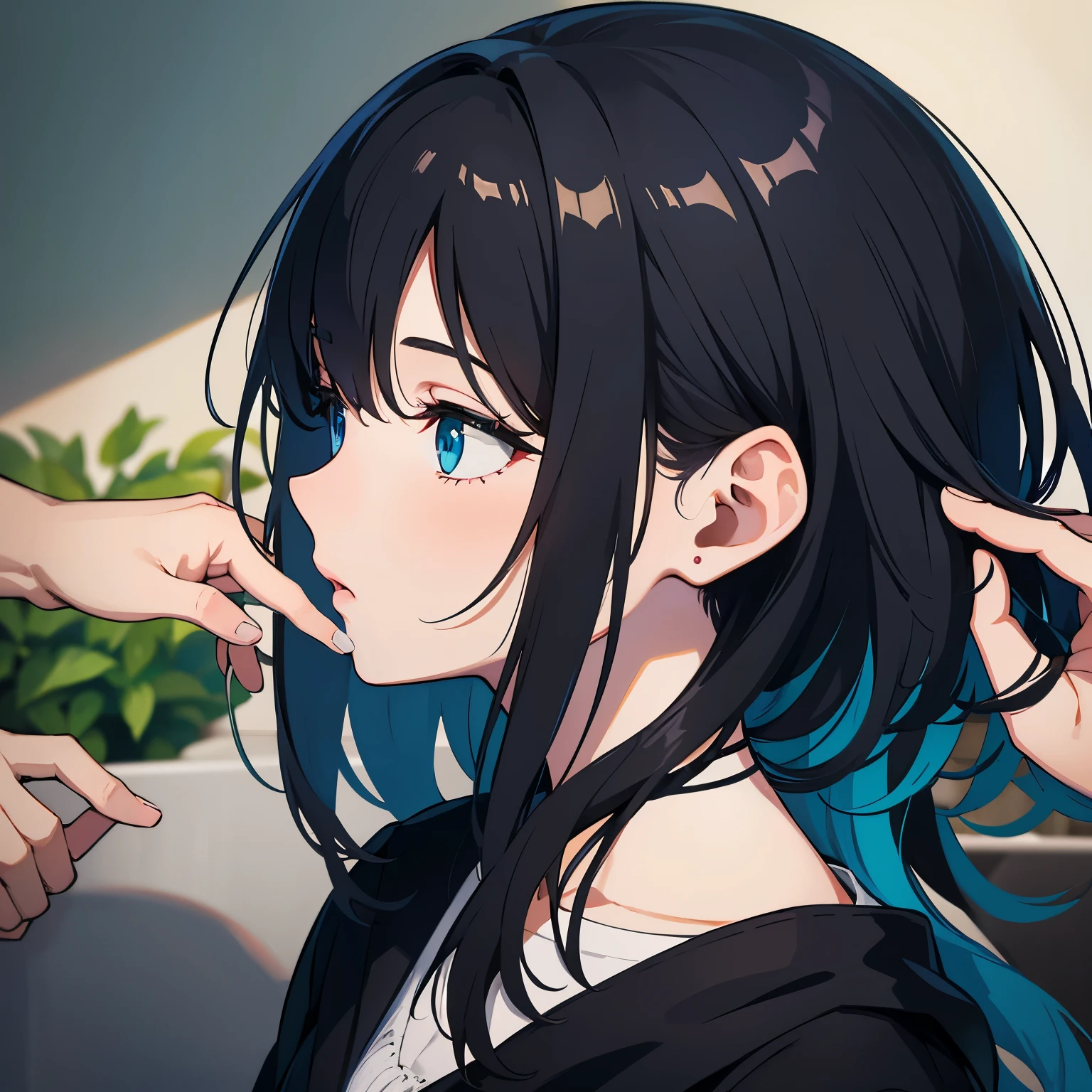 Chicos jugando uno de cabello negro con mechas verde y azules y otro con cabello negro con mechas moradas y anime