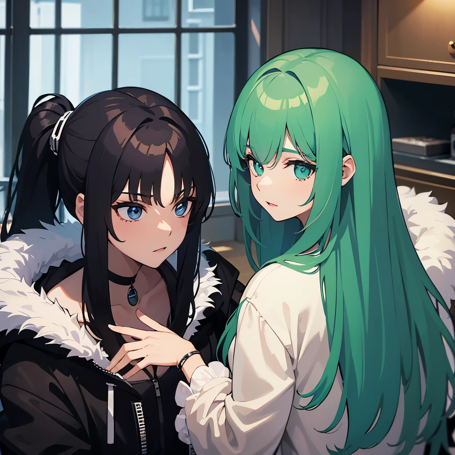 Chicos jugando uno de cabello negro con mechas verde y azules y otro con cabello ????? con mechas moradas y anime