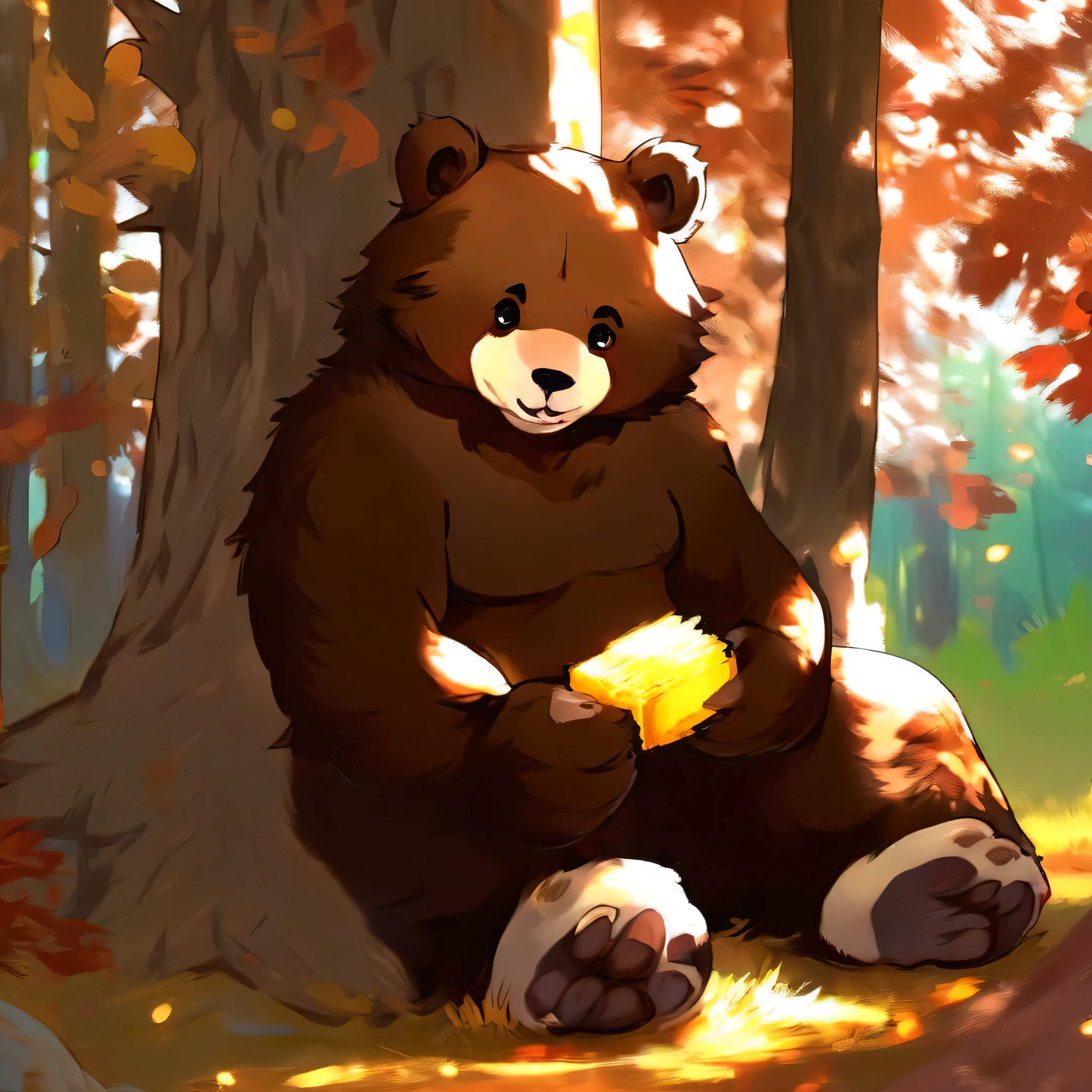 Best quality, best anatomy, Bear, bear furry, fluffy fur, fluffy body, muscle, muscle Stomach, big feet, big hands, Sitting next to a tree, sitting against a tree, enjoying eating honey, where the hill has lots of trees, not wearing clothes, 