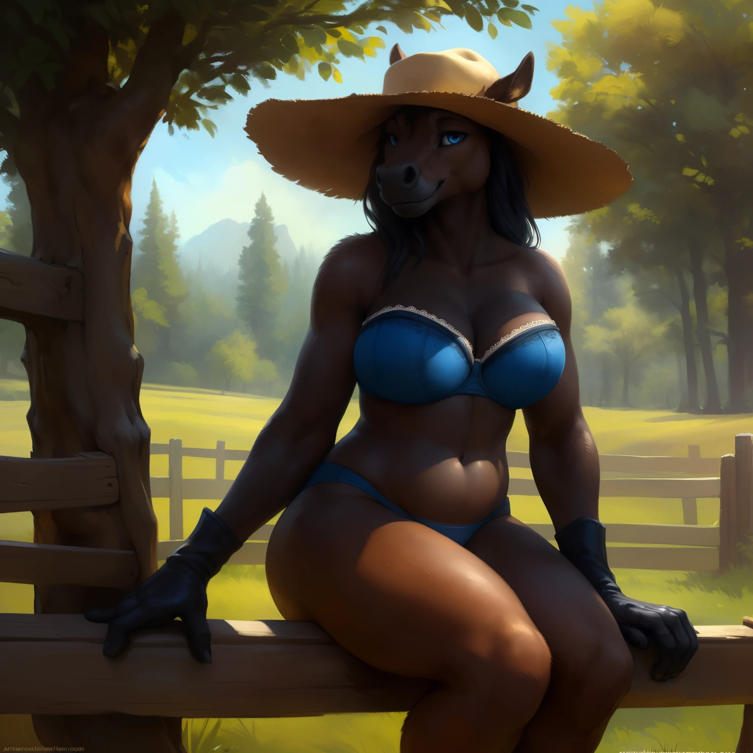 8k, fine details, (ultra detailed), a beautiful and detailed full size portrait of a female anthro horse, (((brown body, black skin))), blue eyes, eyes, tail, bedroom eyes, High Dynamic Range, cinematic shot, detailed eyes, big body goddess, kenket, Ross Tran,ruan jia, vip, trending on artstation,foxovh, cenematic lighting, big breaths, big breaths, big , big , (((blue strapless bra, blue shorts, visible panties, black gloves, hat))) full body, looking at viewer, ((sitting on fence, trees)), front view, standing, smile, farm field, fence, water road, outside, detailed background,