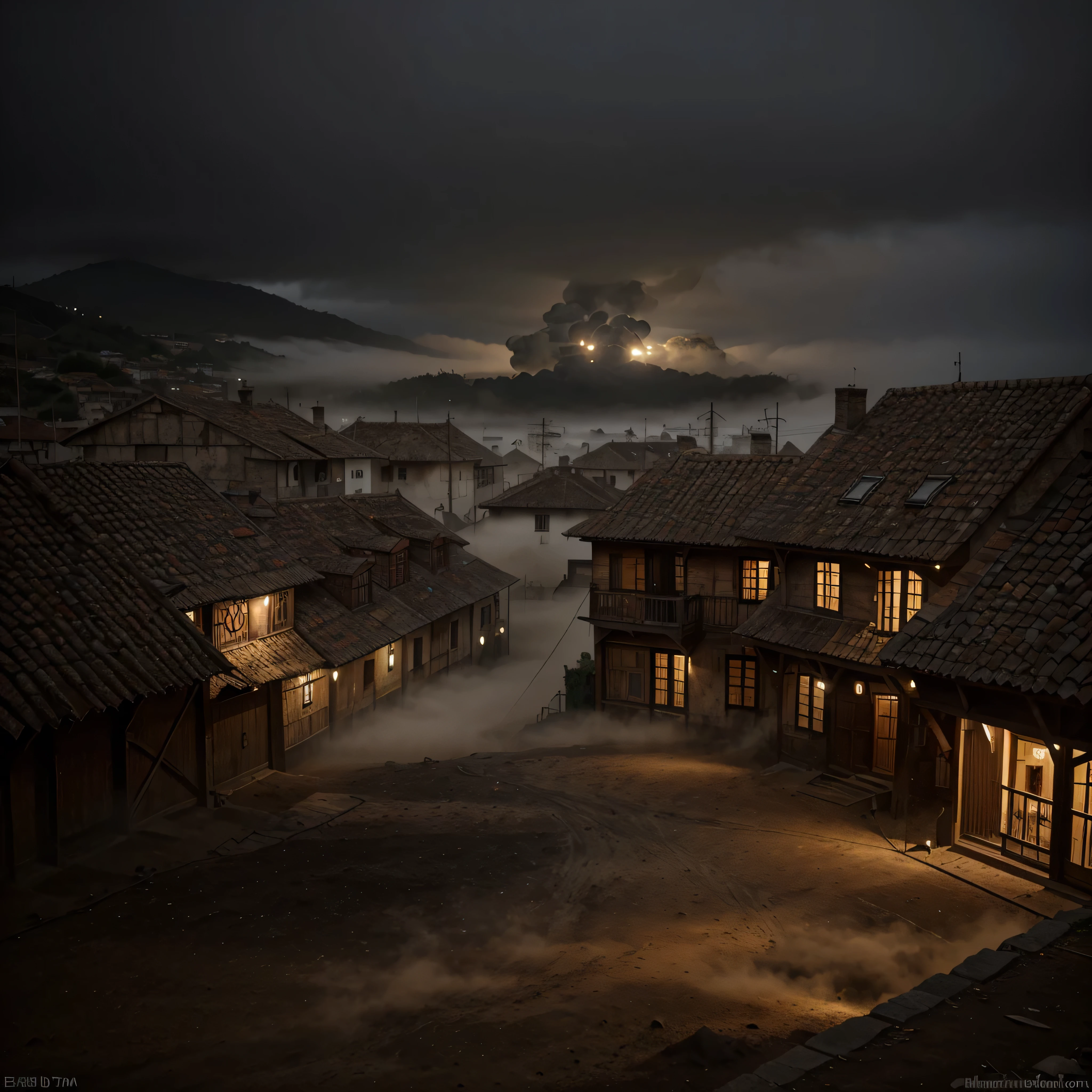 Create a gloomy and dark village with a dirt floor and a strong, giant fog coming out of the center of it, e que as casas estejam separadas do centro da vila