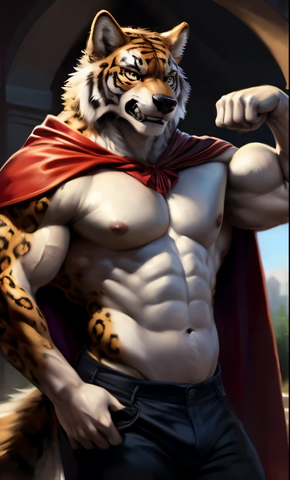 (((Ridged ears:1.0))), (((long sideburns))), (Wolf face:1.5), (Tiger stripes:1.25), (leopard spots:1.3), anthro, full body shot, big manly eyebrow, ((((brown fur)))), light white chest, (big eyes), (((open royal cape))), ((black jeans pants)), male, solo, adult, older, huge muscles, muscular male, ((muscular abs)), ((huge pecs)), ((nipples)), ((flexing biceps)), high details, detailed muscles, (castle), detailed face, looking at viewer, toothy grin, (((angry evil face))), ((bodybuilder body)), muscular face, masculine face, manly, huge muscles, hunk, beefy by bruteandbrawn, by raccoon21, by darkgem, by personalami, by chunie, by kenket, (intricate, high detail, film photography, soft focus, RAW candid cinema, photorealism, realistic, photorealistic, analog style, subsurface scattering, masterpiece, best quality, ultra realistic, 8k)