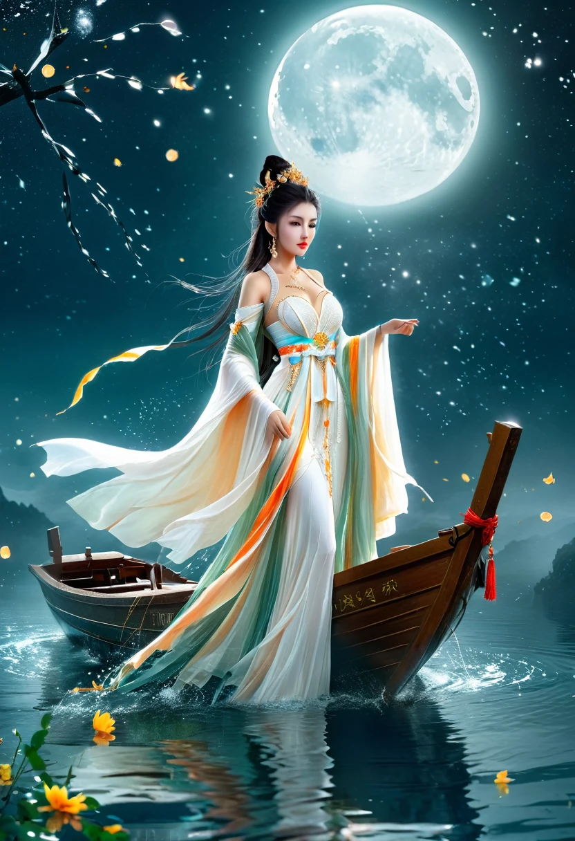 Anime girl in a white dress floating a boat in the water，Fantasy，Moon Goddess，Beautiful fantasy queen,  by Yang J, Chinese Fantasy，Beautiful girl，Sea Queen Mu Yanling，Moon Goddess，Moon Goddess，Flowing magic robe，Beautiful fairy wizard, by Leng Mei, ((a beautiful fantasy empress))