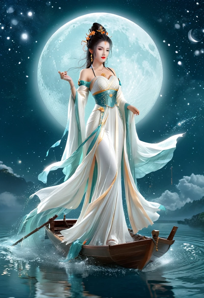 Anime girl in a white dress floating a boat in the water，Fantasy，Moon Goddess，Beautiful fantasy queen,  by Yang J, Chinese Fantasy，Beautiful girl，Sea Queen Mu Yanling，Moon Goddess，Moon Goddess，Flowing magic robe，Beautiful fairy wizard, by Leng Mei, ((a beautiful fantasy empress))