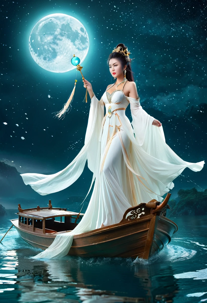 Anime girl in a white dress floating a boat in the water，Fantasy，Moon Goddess，Beautiful fantasy queen,  by Yang J, Chinese Fantasy，Beautiful girl，Sea Queen Mu Yanling，Moon Goddess，Moon Goddess，Flowing magic robe，Beautiful fairy wizard, by Leng Mei, ((a beautiful fantasy empress))