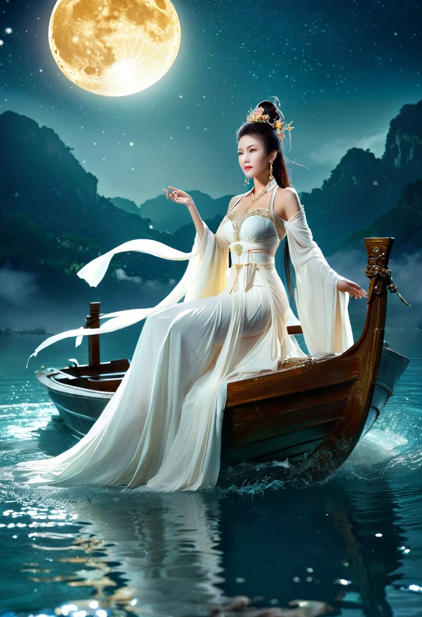 Anime girl in a white dress floating a boat in the water，Fantasy，Moon Goddess，Beautiful fantasy queen,  by Yang J, Chinese Fantasy，Beautiful girl，Sea Queen Mu Yanling，Moon Goddess，Moon Goddess，Flowing magic robe，Beautiful fairy wizard, by Leng Mei, ((a beautiful fantasy empress))