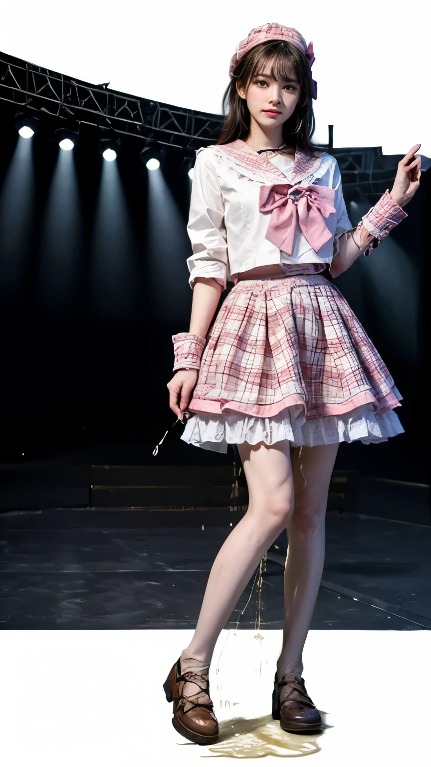 (realistic, photorealistic:1.4), (masterpiece, best quality:1.2), RAW photo, high resolution, intricate details, extremely detailed, (full body, looking at viewer:1.8), solo, 1girl, a Japanese female idol,  (idol costume, cyb skirt, cyb shirt, plaid skirt, idol, wrist cuffs, bow, sailor collar, frilled skirt, frills), straight hair, dark hair, fine-textured skin, pale skin, (detailed face, detailed eyes),, (standing with spread legs apart on the stage), stage lighting, stage spotlight, audience, detailed background, photo background,
(peeing self,urination:1.4),(humiliation), 
desperate for peeing, wetting her clothes, pee runing down her legs, pee desperation pose, pee desperate face, big urine puddle,