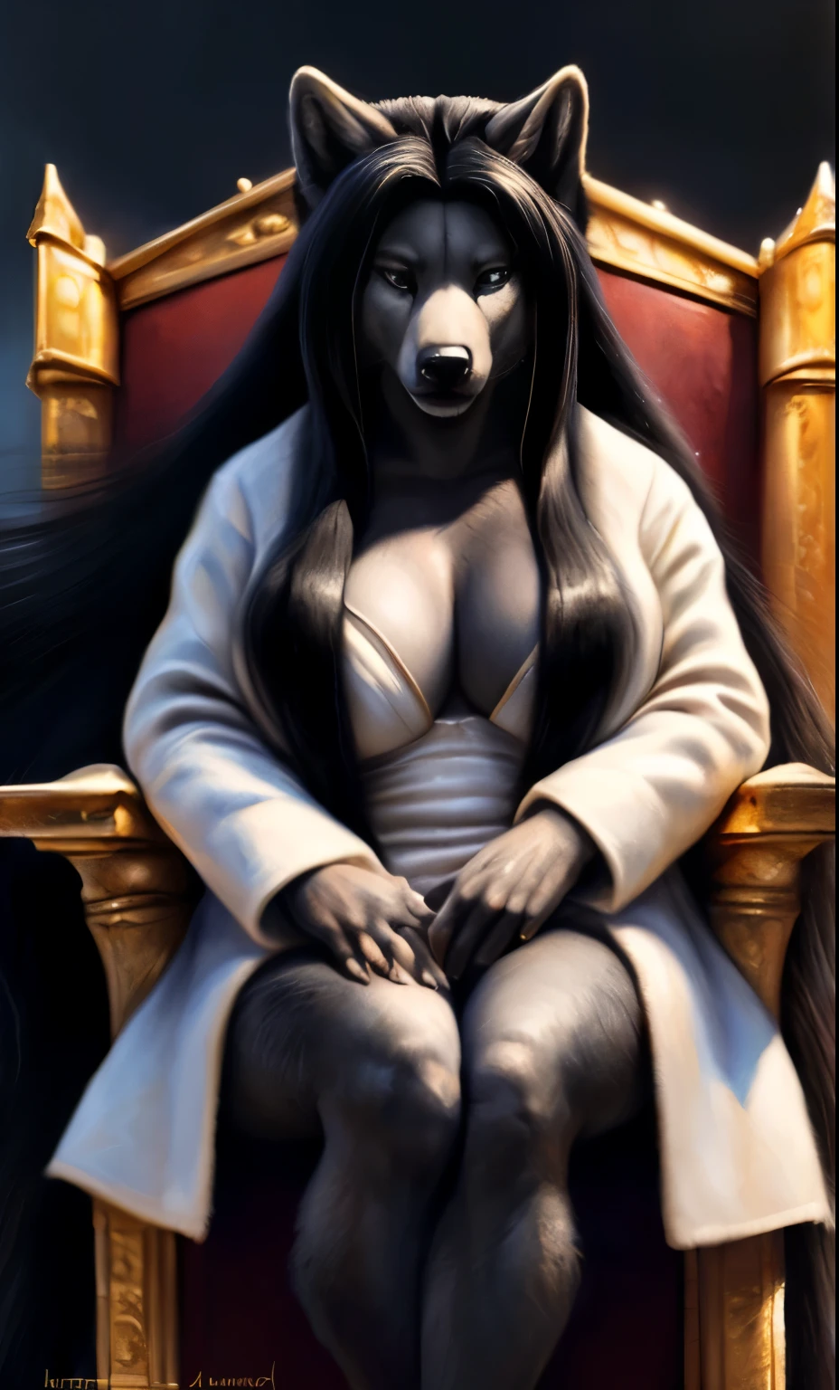 Long ears, brilliant background, wolf, anthro, portrait, (((full body portrait))), (silver bra), (silver shirt), (((closed white fur coat))), (((very long hair:1.5))), rainbow colors eyes, (((long hair:1.4))), (((long shiny black hair))), (((hair until knees:1.6))), royal dressing, (((shiny gray fur))), huge hair, hyper straight hair, (gray luxury dress), (((hair until knees))), (((shiny black hair))), ((shiny gray body))), (((very long hair until knee))), straight hair, enormous hair, (((enormous hair))), (((hyper hair))), (((very long hair))), big hair, solo, adult, female, thigh waist, huge breasts, wide hips, thick thighs, voluptuous, curvy, detailed face, big eyes, beautiful face, beautiful eyes, (((royal throne background))), (((femenine face))), close mouth, (((serious face))), by bruteandbrawn, by personalami, by kenket, (intricate, high detail, film photography, soft focus, RAW candid cinema, photorealism, realistic, photorealistic, analog style, subsurface scattering, masterpiece, best quality, ultra realistic, 8k)
