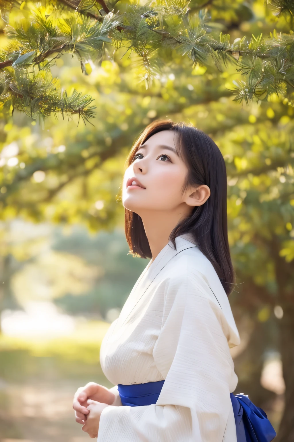 ((top-quality、8K、masuter piece:1.3))、(Beautiful, Realistic Japan),1 female、Sunny clothes in Japan、japanese kimono、(Big Tits:1.2)、perfect anatomia、Beautiful limbs、New Year、hyperdetailed face、High detailed lips、A detailed eye、double eyelid 、snowflakes falling、(Kadomatsu、Shimenawa ornament、New Year's decorations)、look up sky、large tree、naturey、kou、a white world、Happy New Year、