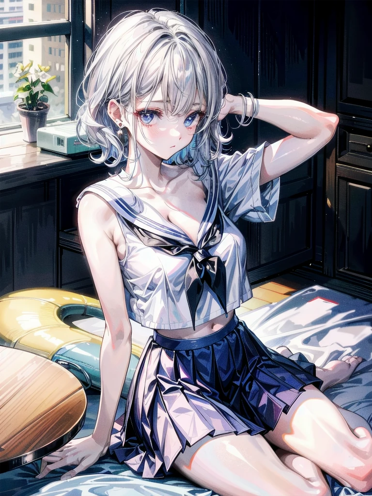 sailor school_uniform, arms behind head, cross-legged, absurdres, RAW photo, extremely delicate and beautiful, masterpiece, Best Quality, ultra high resolution, 32k, hyperrealistic, ultra-detailed, detailed description, pale skin, 20 years old, tearful mole, earring, Colossal tits, short medium hair, wavy hair,