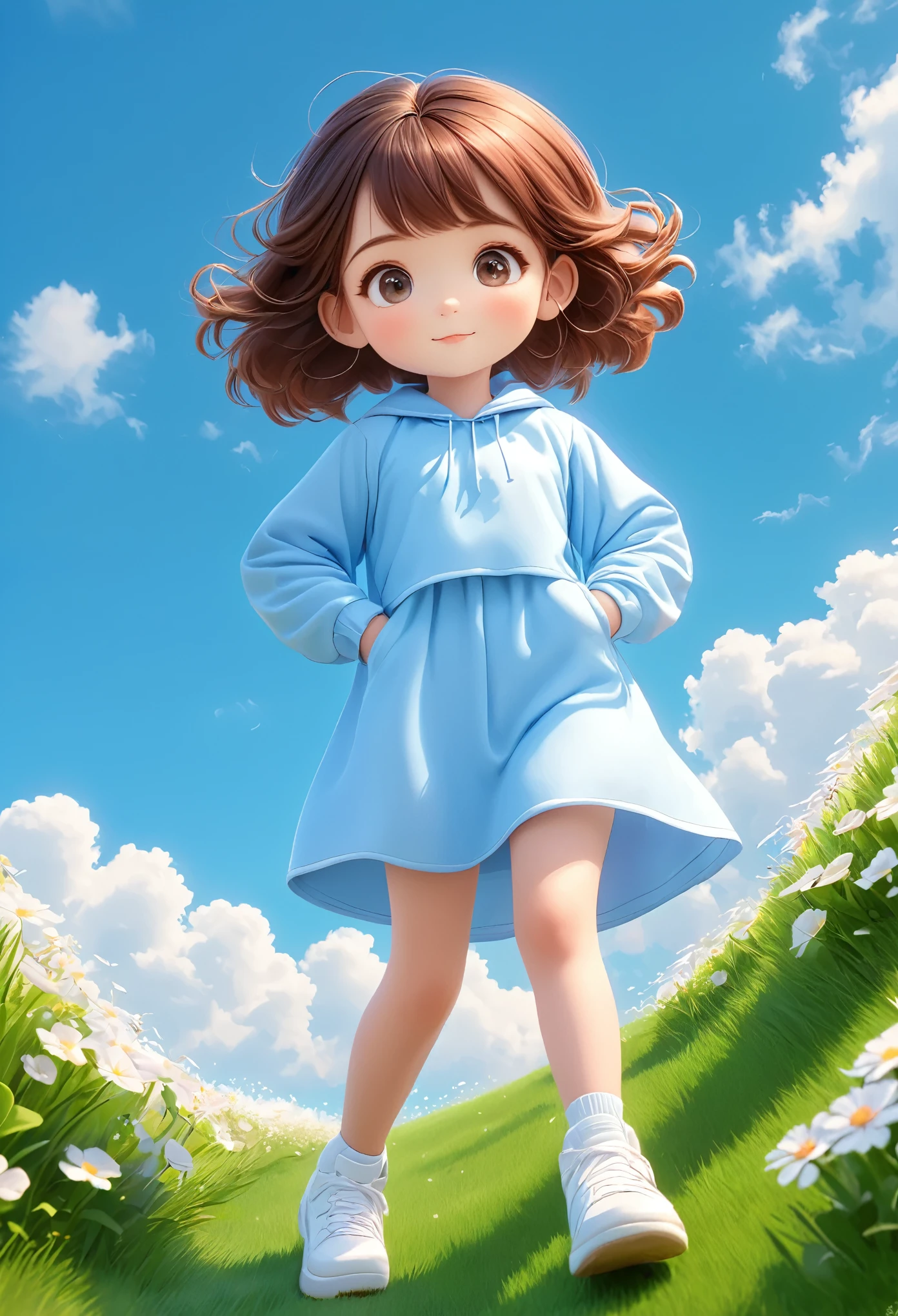 1 Girl,Fundo verde claro,Brown hair,blackboard,Double the goodness,slope,slope background,Small flowers on the grass,Blue sky and white clouds，3D