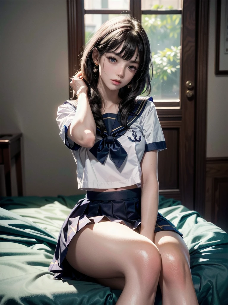 sailor school_uniform, arms behind head, cross-legged, absurdres, RAW photo, extremely delicate and beautiful, masterpiece, Best Quality, ultra high resolution, 32k, hyperrealistic, ultra-detailed, detailed description, pale skin, 20 years old, tearful mole, earring, Colossal tits, short medium hair, wavy hair,