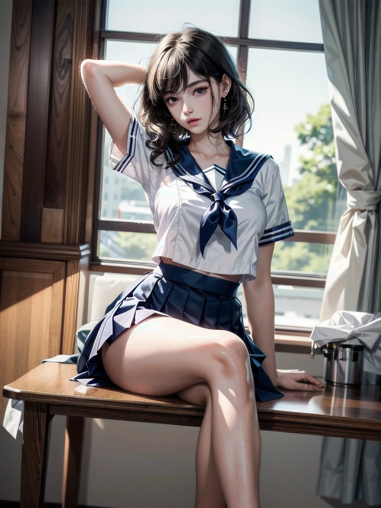 sailor school_uniform, arms behind head, cross-legged, absurdres, RAW photo, extremely delicate and beautiful, masterpiece, Best Quality, ultra high resolution, 32k, hyperrealistic, ultra-detailed, detailed description, pale skin, 20 years old, tearful mole, earring, Colossal tits, short medium hair, wavy hair,