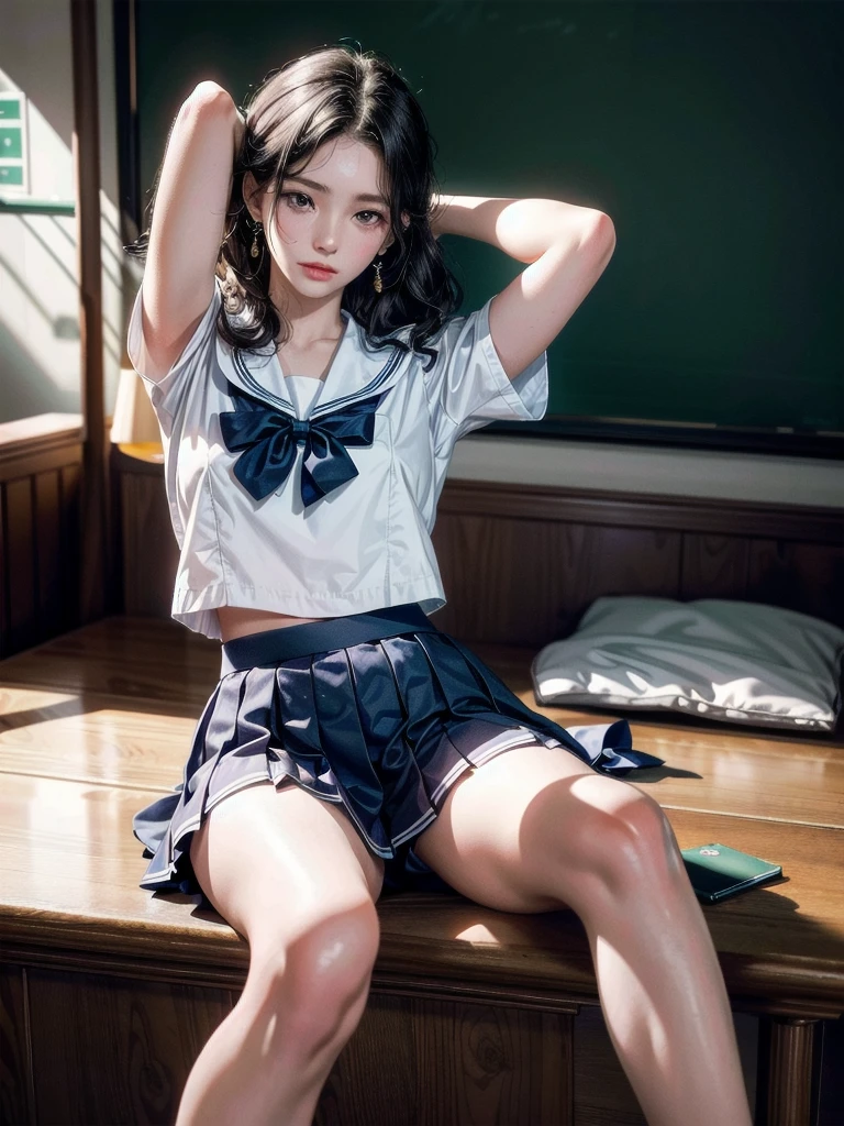 sailor school_uniform, arms behind head, cross-legged, absurdres, RAW photo, extremely delicate and beautiful, masterpiece, Best Quality, ultra high resolution, 32k, hyperrealistic, ultra-detailed, detailed description, pale skin, 20 years old, tearful mole, earring, Colossal tits, short medium hair, wavy hair,