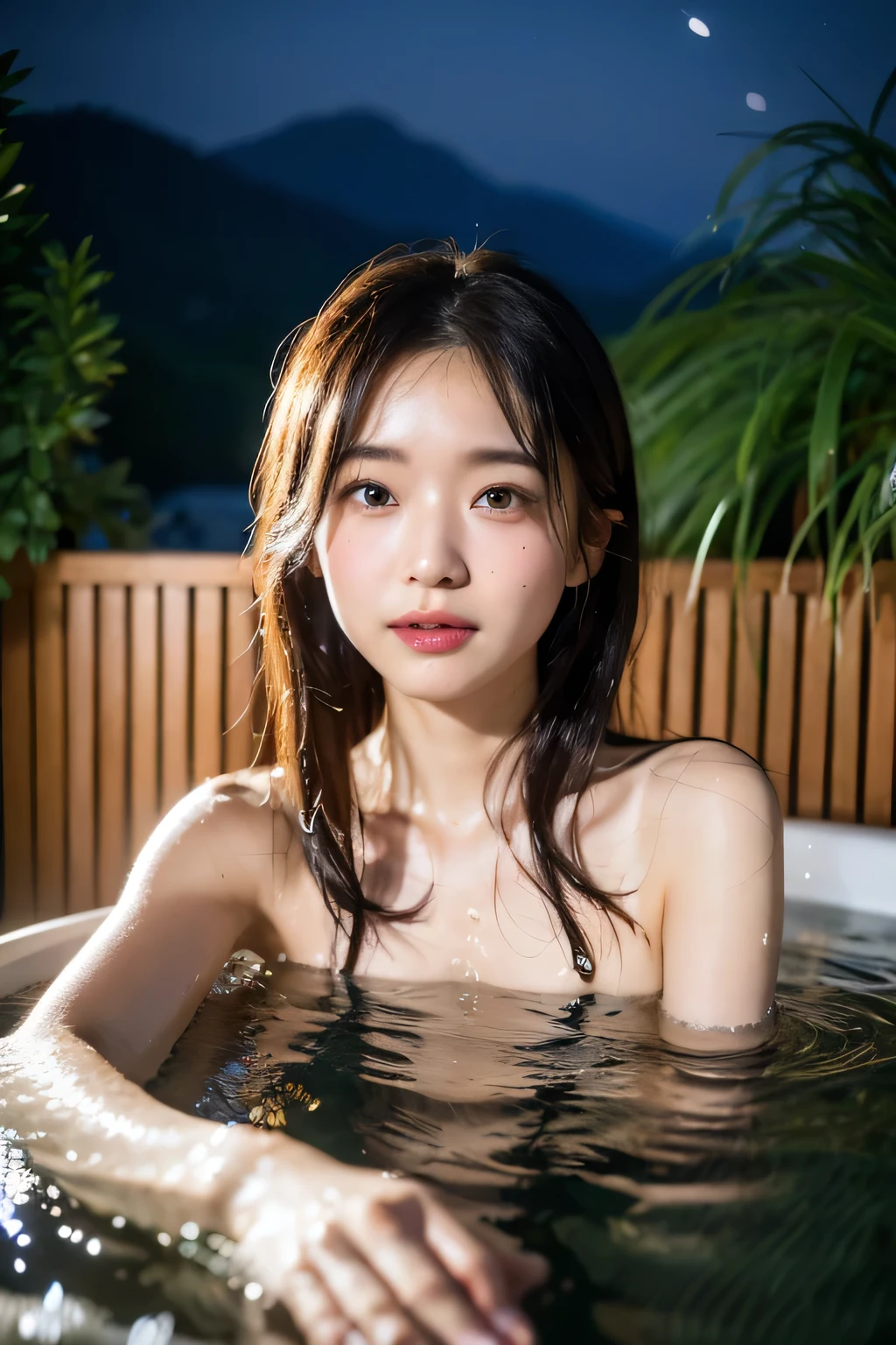 Artistic nudes、Erect penis、(night:1.7), East Asian architecture, 1 Female,sit on tatami, Brunette color hair，（Hair between the eyes）, Lip valve, (20-year-old:1.3),(beautiful shiny straight short long:1.3),beautiful fingers,beautiful long legs,Beauty Body，Cute Nose，beautiful character design，Perfect Eye，Perfect face，View your viewers，（Innocent_big_eye：1.0），（Light_笑face：0.3），Official Art，Very detailed CG Unity 8k wallpaper、bright_front_face_Lighting，（masterpiece:1.0),(Highest_quality:1.0), 超A high resolution,4K,Super detailed, photo shoot, 8k, Hmph, High resolution, Absurd:1.2, Kodak Portrait 400, Film Grain, Lens flare brilliance, (beautiful_face:1.5),8k,RAW Photos, 、Relax in a Japanese hot spring inn、(The subject is the first hot spring trip with a girl:1.3) (Draw an open-air bath more widely:1.2) (Girls are not test subjects:1.3) The room at the inn is messy　(Girl standing on balcony:1.3) (Hair after bath:1.3),( ,(Wet hair:1.3),((beautifully depicts depth and width:1.3)),((The open-air bath is surrounded by a Japanese garden and large rocks., With just two small Lights.:1.3)),((You can see a beautiful starry sky.:1.3))(Hiding erogenous zones in the open-air bath:1.2)(Girls are not test subjects:1.3),((White and soft skin:1.3)),(((Like the whole body:1.3))(I prepared a bed for sex:1.2)Girl is in bed naked((The open-air bath is a mountain stream open-air bath surrounded by large natural stones..........:1.6))