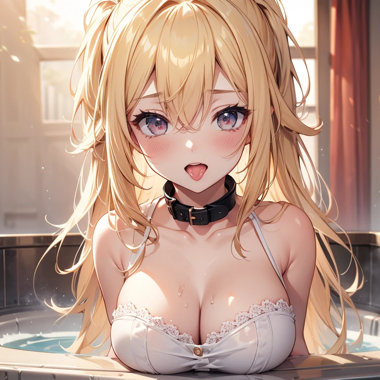 hair in takes, blonde hair, light blush, female, open mouth, bathing, on stomach, highres, overexposure, tongue, naughty face, wearing chemise, wearing collar, Bare arms 2D