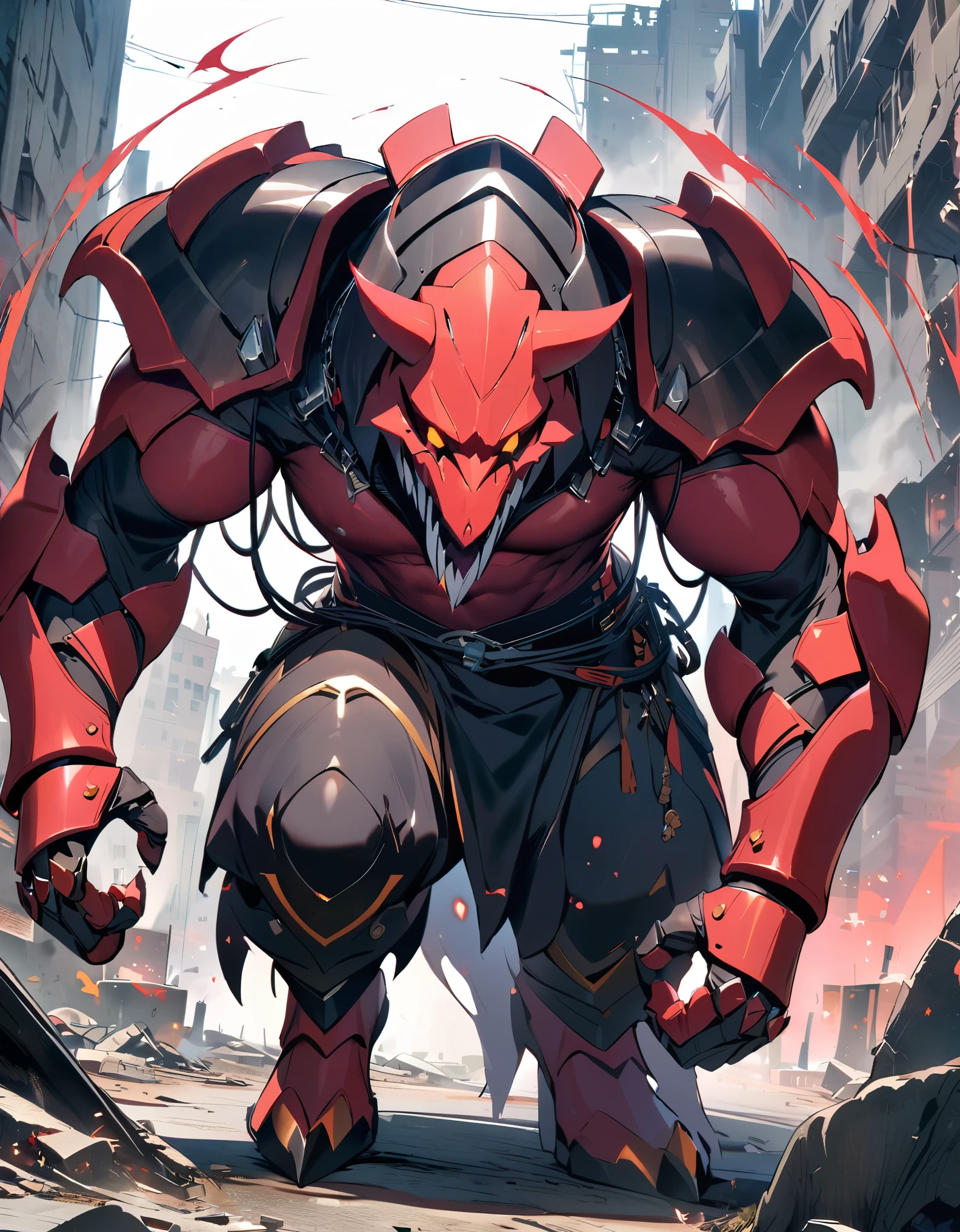 masterpiece, best quality, highres, 1man, male focus, solo, single, large red male behemoth creature with a mirrored helmet consisting of six "eyes" with a matching black steel collar. If one is to look closely, a glimpse of its mouth may be caught occasionally. Most of his body is covered in large black armor pieces, gauntlets, and shoulder pads over his red skin, with numerous loose cables sticking out of his back. full body shot, menacing pose, ruined city backdrop, seven-foot-tall