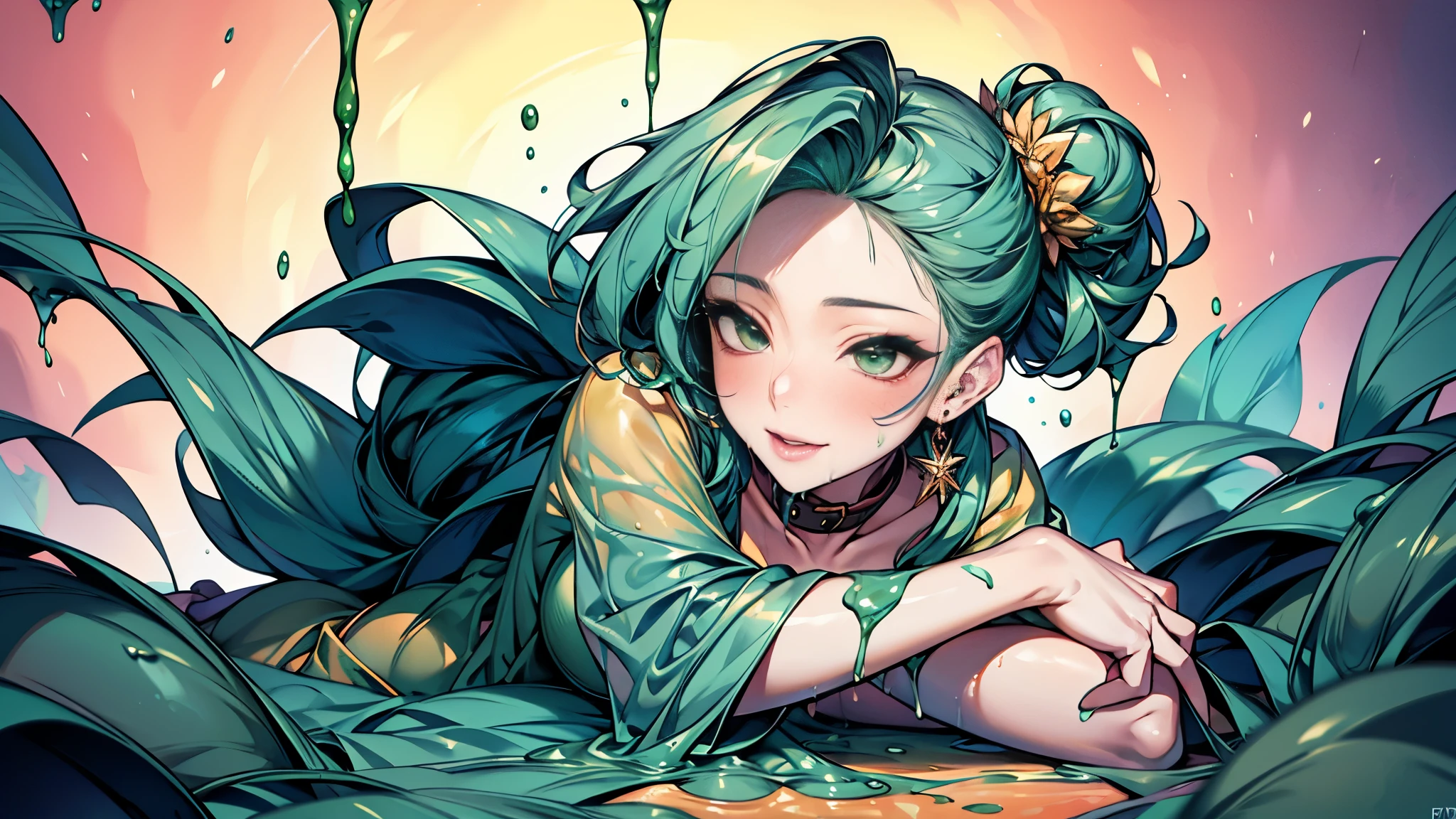 (Best quality, 8K, Masterpiece:1.3, 1 girl, solo, Beautiful girl), cute, Dynamism, Detailed face, Detailed skin, detailed clothes, Detailed eyes, Detailed lips, Detailed tongue, Detailed fingers, Detailed mouth, Photorealistic, Raw photo, highres, hight resolution, Natural lighting, dynamic pose, perfect anatomy, toned legs, double eyelids, tear bags, round eyes, moist lips, sweaty, ecstatic face, ((green liquid over the body:1.5)), Colorful hair, Colorful body, Colorful paint background, Smile, watercolor, absurdity, gradient liquid, silver liquid, golden liquid, blue liquid, red liquid, yellow liquid, purple liquid, green liquid, orange liquid, pink liquid, body-painting art, sfw, ahegao, half closed eyes, hair buns, blush, floating liquid, ponytail, gorgeous collar, earrings, jewelry, sitting on back