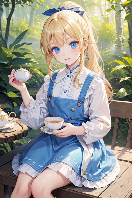 (8k, highest quality, Tabletop:1.2)、Ultra-high resolution、One 10-year-old girl, Perfect Fingers, Detailed face, blue eyes, Blonde, ponytail, Blue Apron Dress, in the forest, Tea party, Holding a teacup