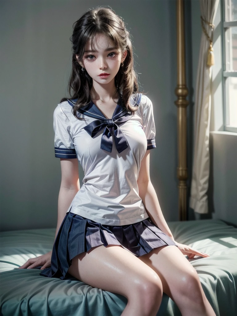 sailor school_uniform, arms behind head, cross-legged, absurdres, RAW photo, extremely delicate and beautiful, masterpiece, Best Quality, ultra high resolution, 32k, hyperrealistic, ultra-detailed, detailed description, pale skin, 20 years old, tearful mole, earring, Colossal , short medium hair, wavy hair,