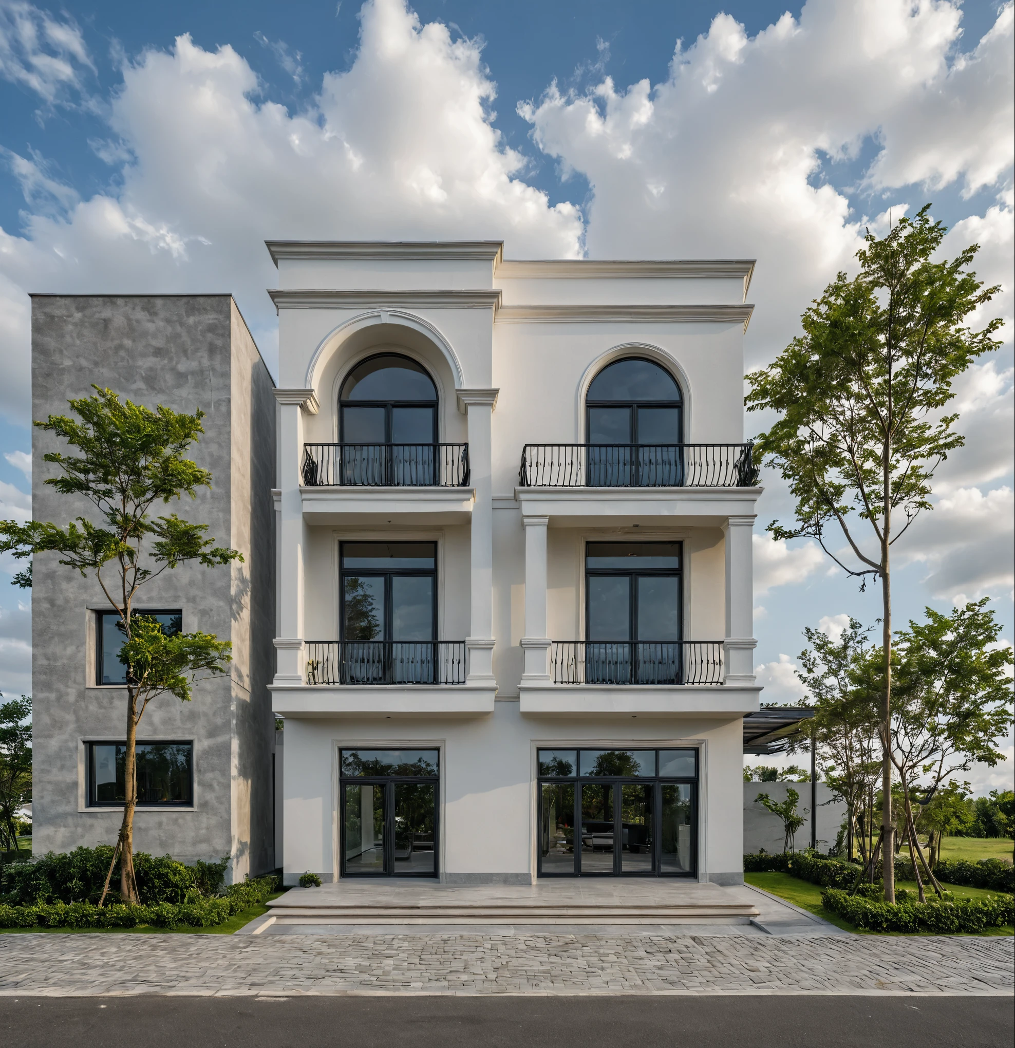 Masterpiece, high quality, best quality, authentic, super detail, outdoors, onestoreyvillaXL, aiaigroup, house style modern on the street ,stairs, white wall ,road,pavement, grass, trees, sky, cloud, (daylight:1.1)
