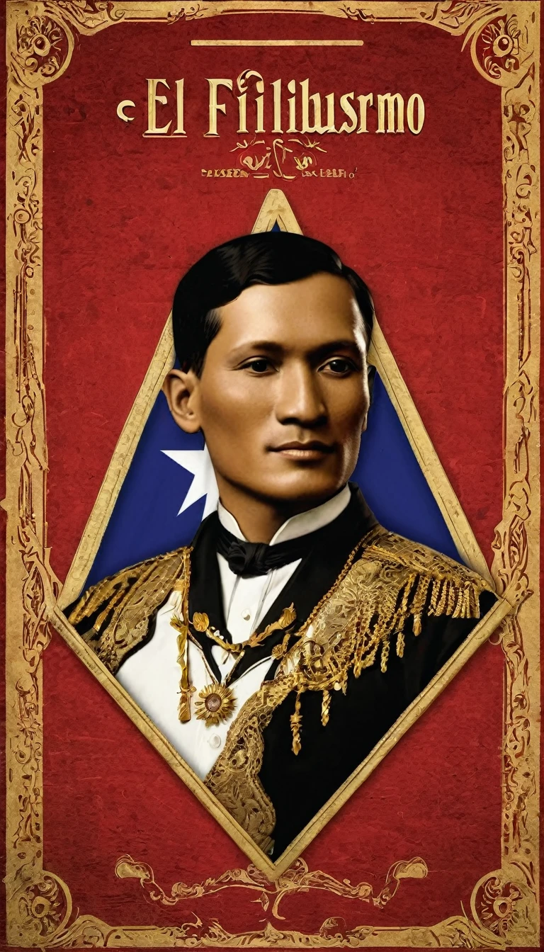Make an A4 size portfolio cover of Jose Rizal’s El Filibusterismo with the influence of the Philippine flag, with a triangle symbolizing the hierarchy during the El Filibusterismo times.