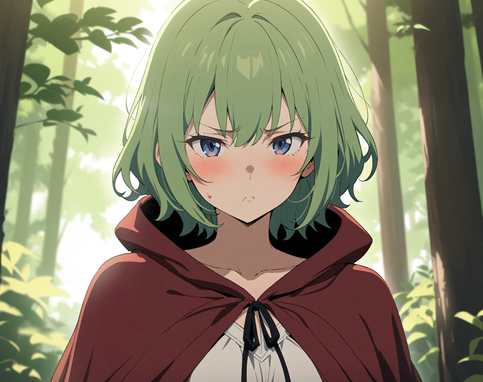 (Masterpiece, best quality, highres, portrait) {{Artist: Sincos}} 1 woman, solo, mature, 24 years old, delicate, elegant, fair skin, blue eyes, short hair, green hair, mage robe, white dress, dark red cloak, tsundere, pouting, looking at camera, facing camera, standing straight, in forest, daytime.
