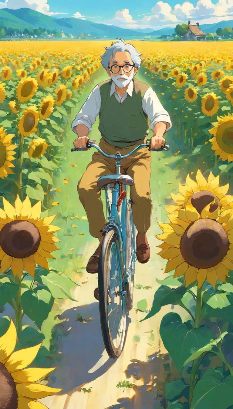 a man riding a bike through a field of sunflowers, scene: sunflower field, scene : sunflower field, by Yang J, atey ghailan 8 k, in style of atey ghailan, by RHADS, by Atey Ghailan, rhads!!!, sunflower field, by Zou Zhe, by Pu Hua, by Yi Inmun