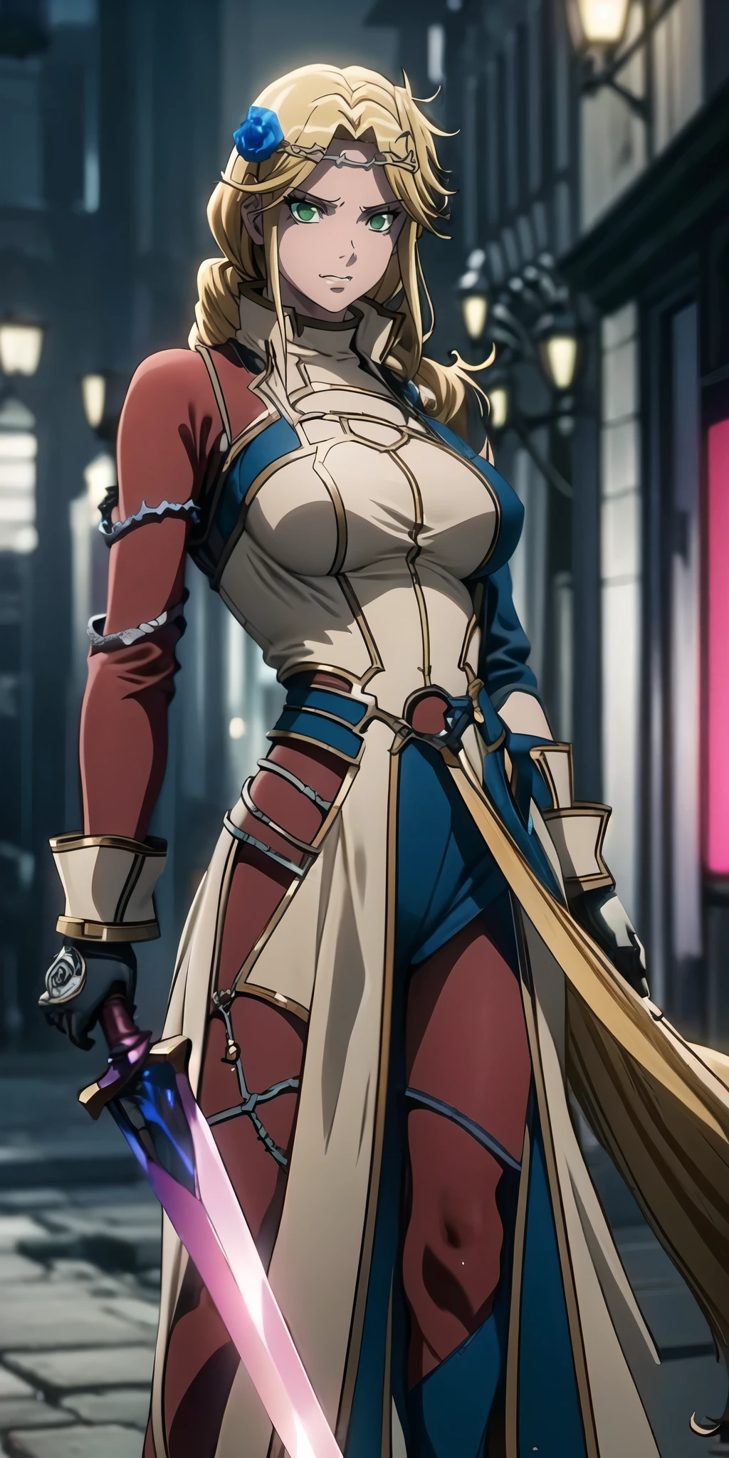 Laykus, (long hair, blonde hair:1.3), hair flower, muscular female, anatomically correct, mature female, curvy, anatomically correct, mature female, curvy, heavy breathing, huge breasts, 1girl, sword, holding, weapon, solo, gloves, holding_weapon, standing, holding_sword, thighhighs, black_legwear, looking_at_viewer, outdoors, long_sleeves, breasts, wide_sleeves, garter_straps, dual_wielding, coat, medium_breasts, night, black_capelet, white_jacket, blurry_background, black_shirt, black_skirt, open_coat, short_shorts, shorts, "glow effects, godrays, Hand drawn, render, 8k, octane render, cinema 4d, blender, dark, atmospheric 4k ultra detailed, cinematic, Sharp focus, big depth of field, Masterpiece, colors, 3d octane render, 4k, concept art, trending on artstation, hyperrealistic, Vivid colors, extremely detailed CG unity 8k wallpaper, trending on CGSociety, Intricate, High Detail, dramatic", anime coloring, anime screencap, sweating, steaming body, fog, holding sword, hair ornament, (shaded face:1.2), hollow eyes, green eyes, looking at viewer, heavy breathing, smirk, upper teeth, l