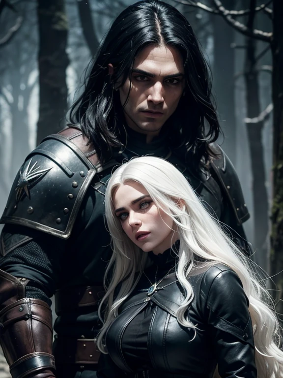 8K,Masterpiece,One woman,Linda Guerreira Com Grandes Olhos Azuis E Longos Cabelos Pretos, Meeting Yennefer in The Witcher, She is wearing medieval black metal armor、In the middle of a fierce battle,His skin is white, And his face is angry