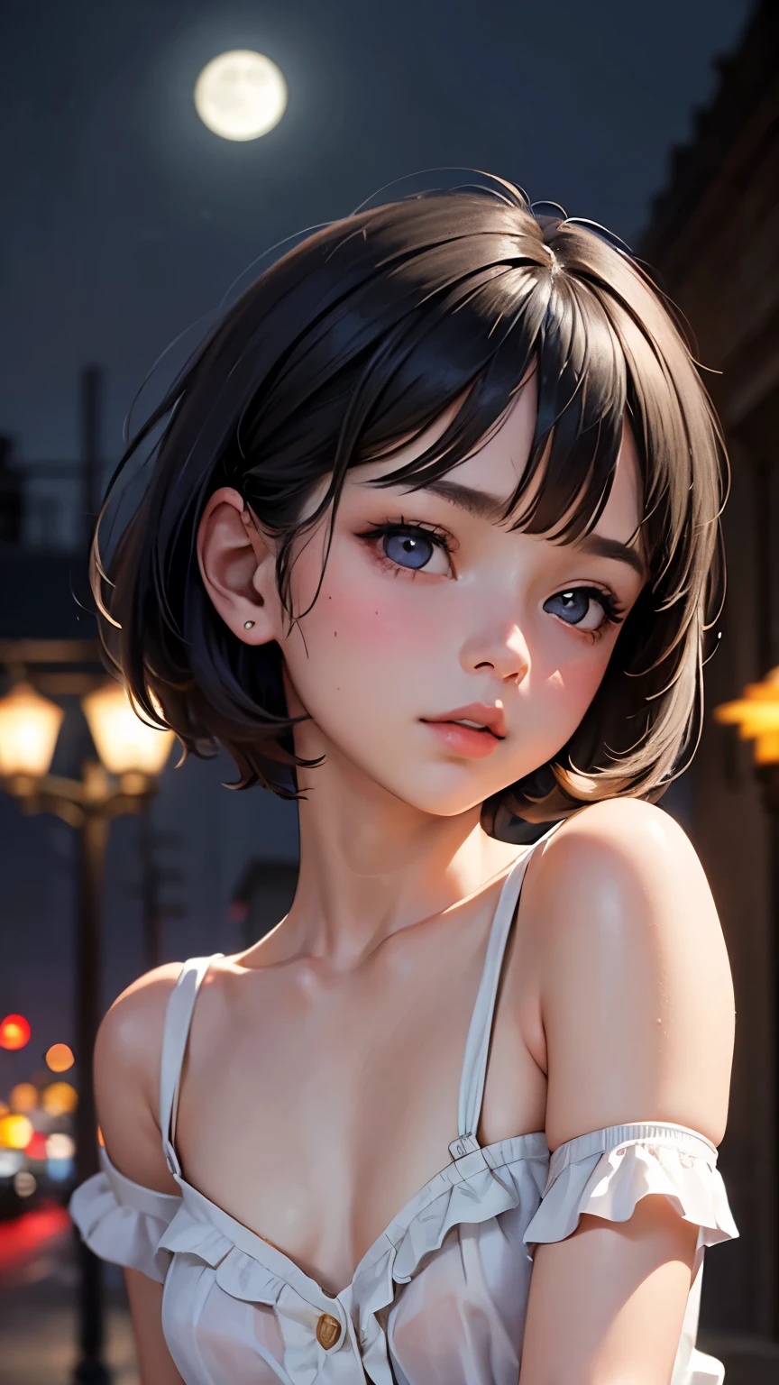 (Half Body Shot,Street lamp,moon),masterpiece, One girl, Solo Exhibitions, Beautiful woman with small breasts, nightのベッド, Beautiful Goddess Girl Portrait, Beautiful and elaborate face, Porcelain-like skin, (((Bust Shot, center, night, Black Hair, short hair)), Very soft lighting, Full Shot,Symmetric, complicated, grace, Attention to detail, realism, art, concept art,White clothes