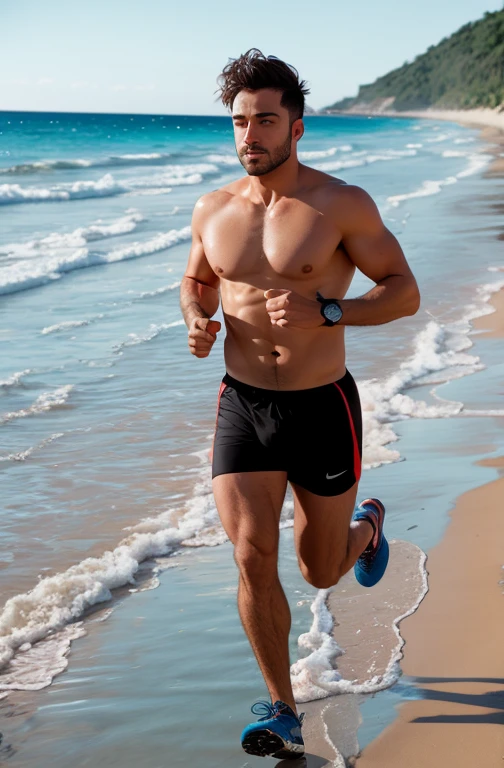 He is running on the beach