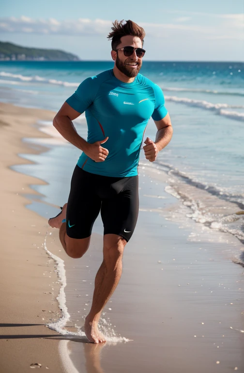 He is running on the beach