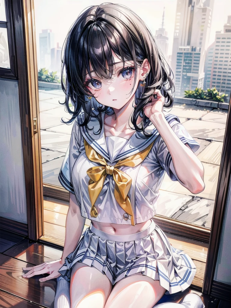 sailor school_uniform, absurdres, RAW photo, extremely delicate and beautiful, masterpiece, Best Quality, ultra high resolution, 32k, hyperrealistic, ultra-detailed, detailed description, pale skin, 20 years old, tearful mole, earring, Colossal tits, short medium hair, wavy hair,
