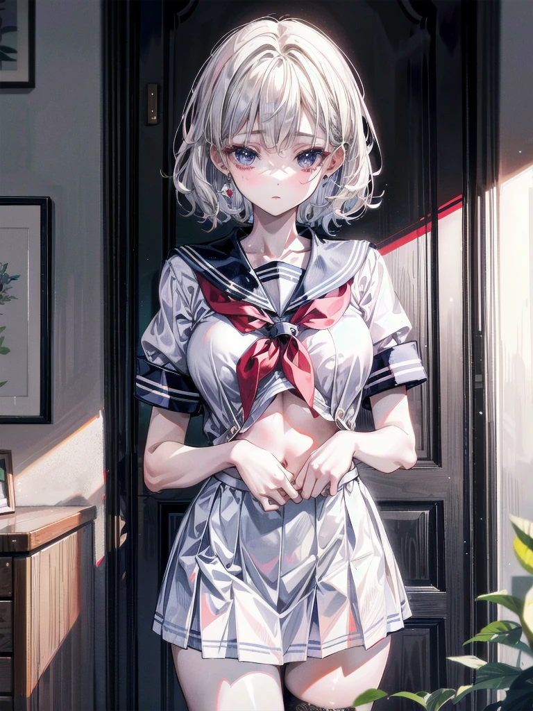 sailor school_uniform, absurdres, RAW photo, extremely delicate and beautiful, masterpiece, Best Quality, ultra high resolution, 32k, hyperrealistic, ultra-detailed, detailed description, pale skin, 20 years old, tearful mole, earring, Colossal tits, short medium hair, wavy hair,