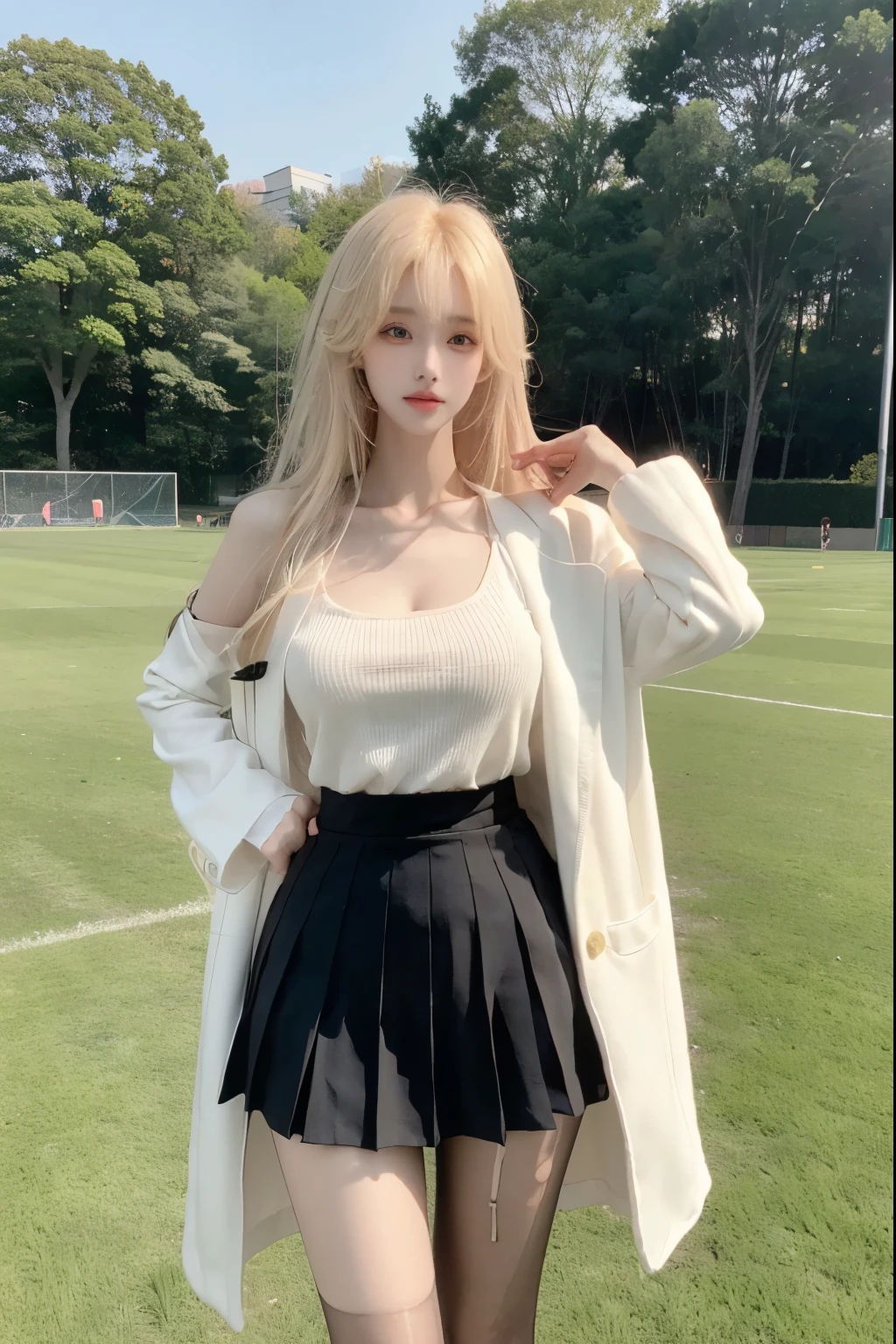 Beautiful woman with perfect body:1.4,Layered Hairstyle,Prominent cleavage,Highly detailed face and skin textures,Double eyelids,Skin Whitening,Long hair,Whitened long legs,blond,(Black coat,Pleated Skirt,White pantyhose)Standing on the sports field