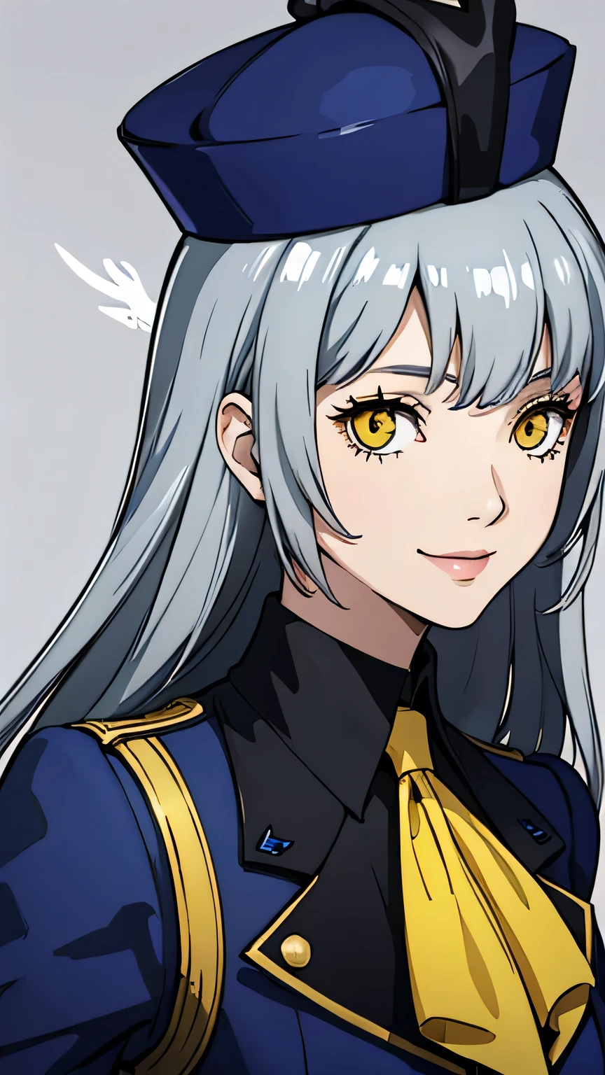 1 girl, Long hair, gray hair, yellow eyes, smile, blue phthalo outfit, velvet room outfit, portrait, hat,