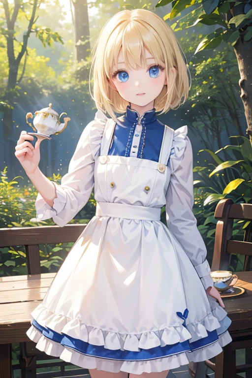 (8k, highest quality, Tabletop:1.2)、Ultra-high resolution、One ****************, Perfect Fingers, Detailed face, blue eyes, Blonde, Bobcut, Blue Apron Dress,  in the forest, Tea party, Holding a teacup