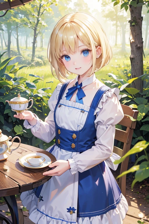 (8k, highest quality, Tabletop:1.2)、Ultra-high resolution、One 12-year-old girl, Perfect Fingers, Detailed face, blue eyes, Blonde, Bobcut, Blue Apron Dress,  in the forest, Tea party, Holding a teacup