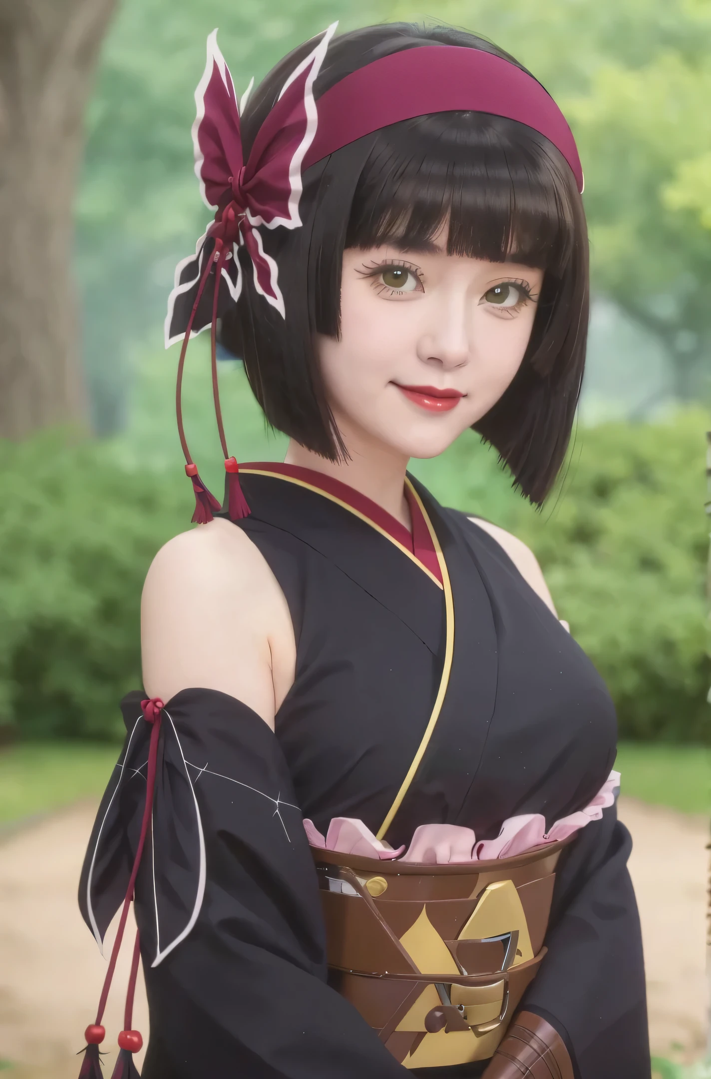 best quality, (masterpiece:1.2), detailed, blurry background,
reines el-melloi archisorte,
1girl, solo, (medium breasts), ((upper body)), light smile, mio, japanese clothes, hairband, kimono, black gloves, hair bow, spider web print, hair ornament, sash, obi, hair ribbon, makeup, bare shoulders,
standing, looking at the viewer,
In the park, standinf