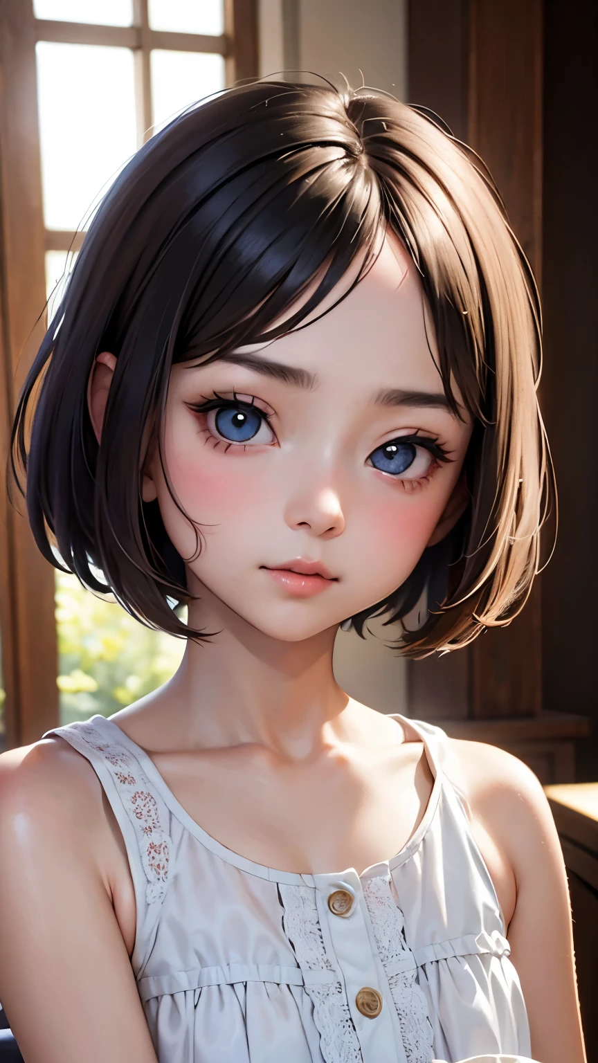 short hairと白のシャツ, short hair, 前髪のあるshort hair, Woman with pretty face, Cute little face in a portrait, French Bob, White skin!!, 短い茶色の髪とBig eyes, Soft Portrait Shot 8k, Beautiful light、Big eyes, Beautiful girl, Young girl with bob cut, Full Shot,Best image quality, Tabletop, Leonardo da Vinci's Notebooks Da Vinci, Leonardo da Vinci's manuscript in the background,Lying in bed,Swimwear,show off your thin legs,