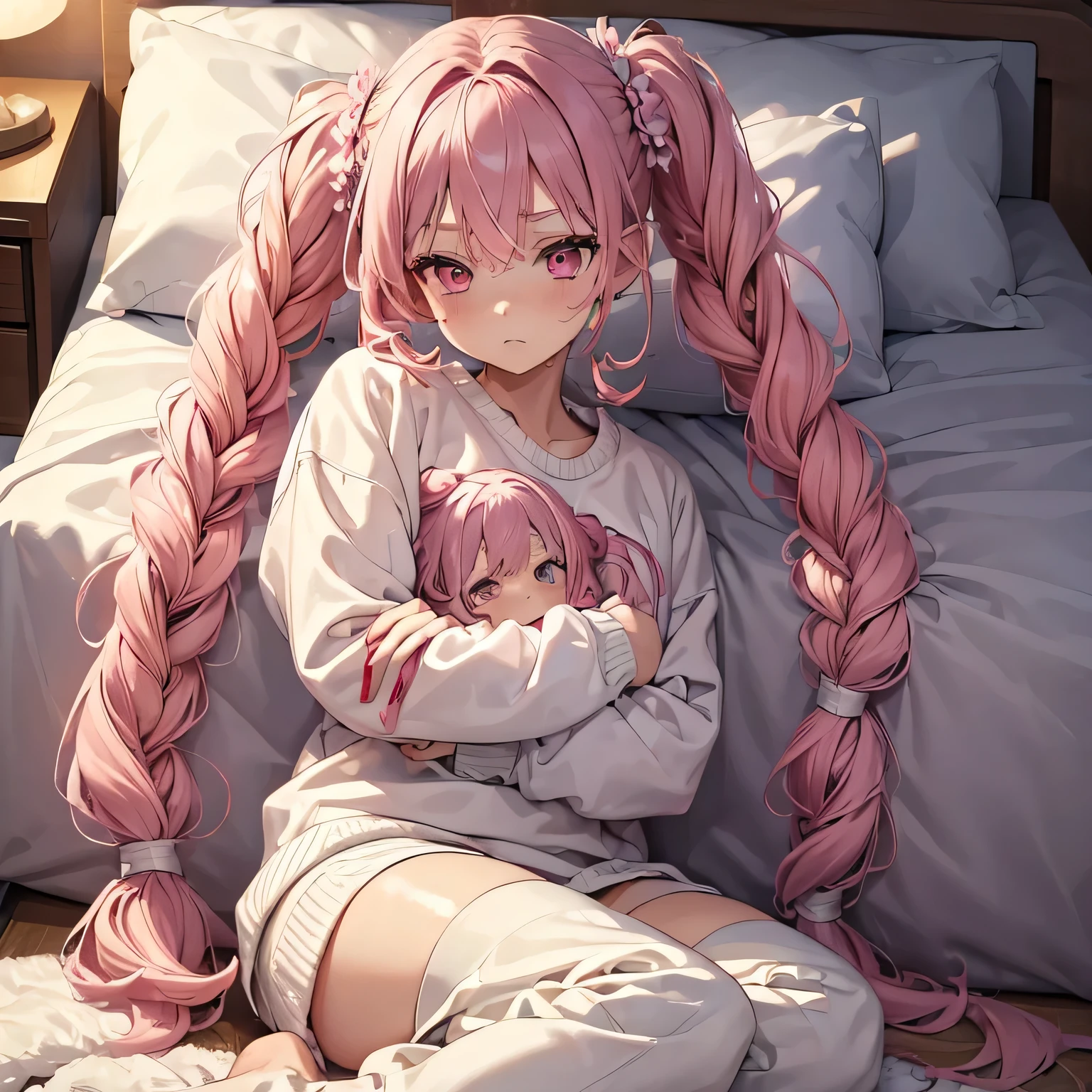 (masterpiece, best quality:1.4), 8k, Pink Hair, Red Highlights Hair, Messy Braided twintail, Young adult, anime girl, , Annoyed, light yellow pink Eyes, in Bed, White oversized Sweater, White Sweatpants (detailed eyes and face, sharp pupils, realistic pupils:0.6)