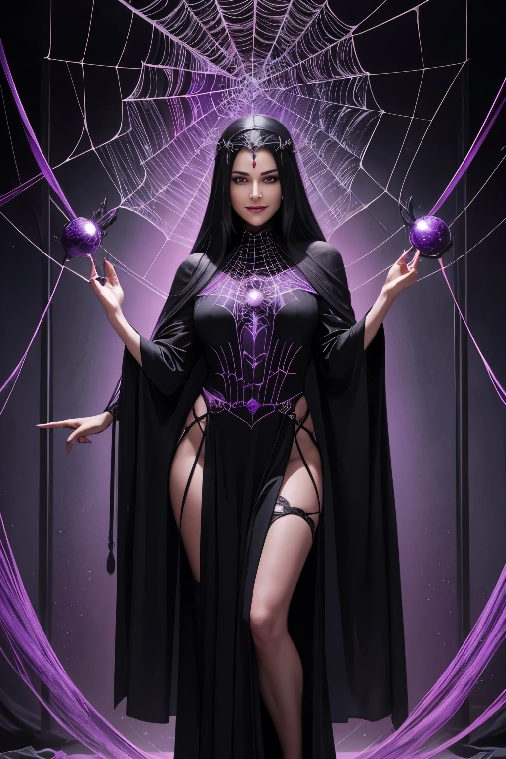 Goddess of deceit, woman, black robe, black hair, black eyes, spiders behind her, in a spider web, mischievous grin, purple aura, evil power