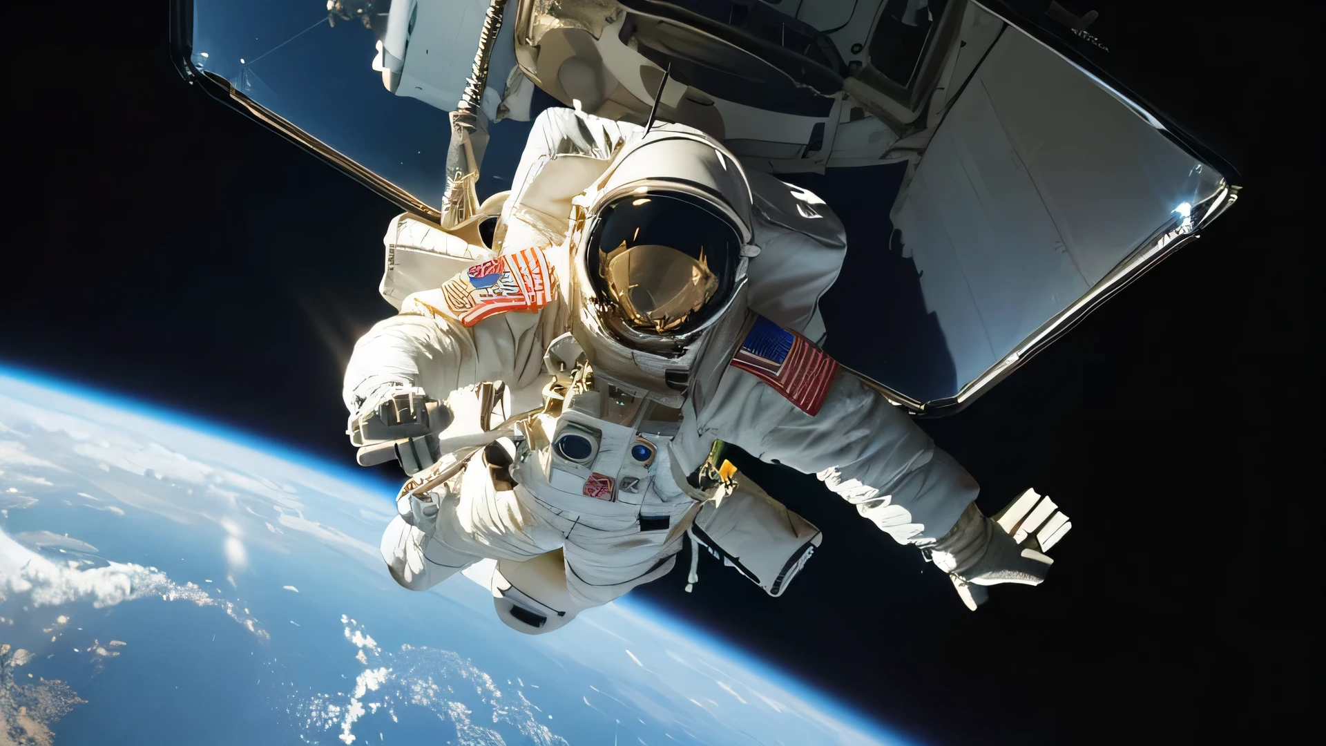 Full-body images of men in space suits doing spacewalks、His face is hidden by the reflection of the glass of his helmet.、Floating in pieces、The Earth Behind
